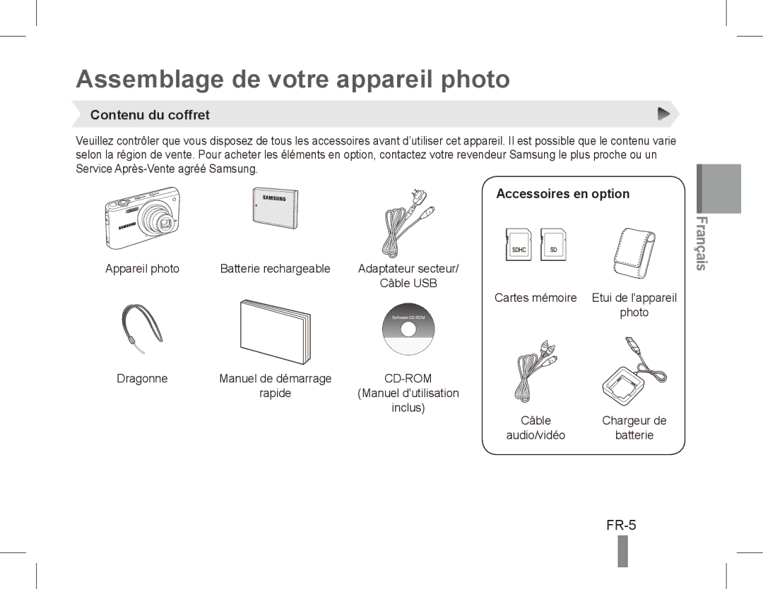 Samsung EC-PL80ZZDPLIR, EC-PL81ZZBPRE1 Assemblage de votre appareil photo, FR-5, Contenu du coffret, Accessoires en option 