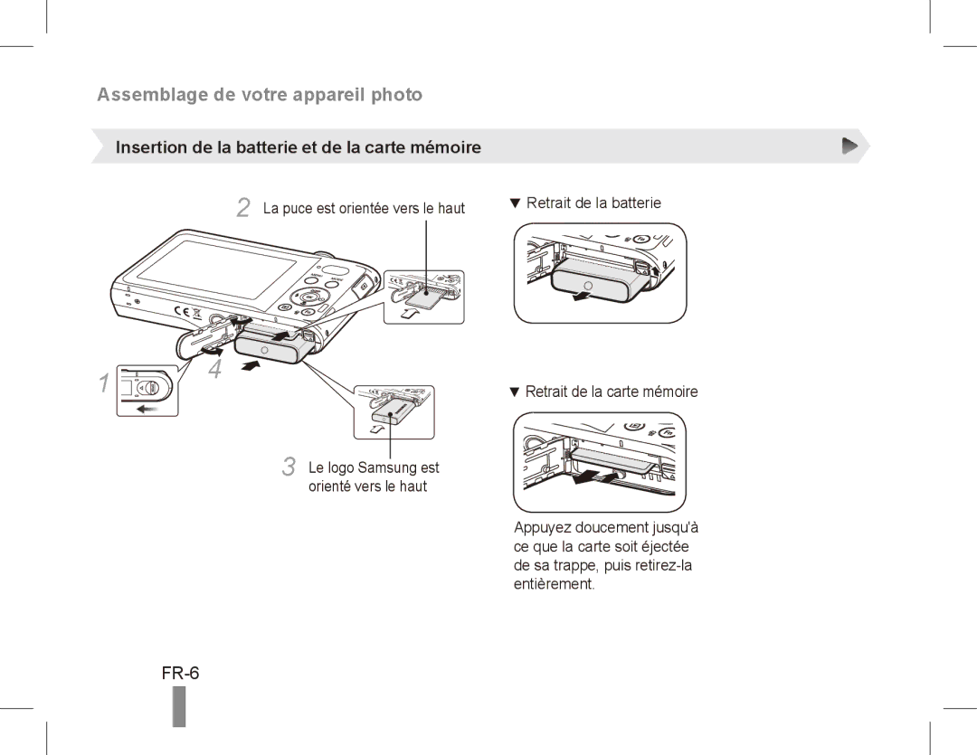 Samsung EC-PL80ZZBPBVN manual Assemblage de votre appareil photo, FR-6, Insertion de la batterie et de la carte mémoire 