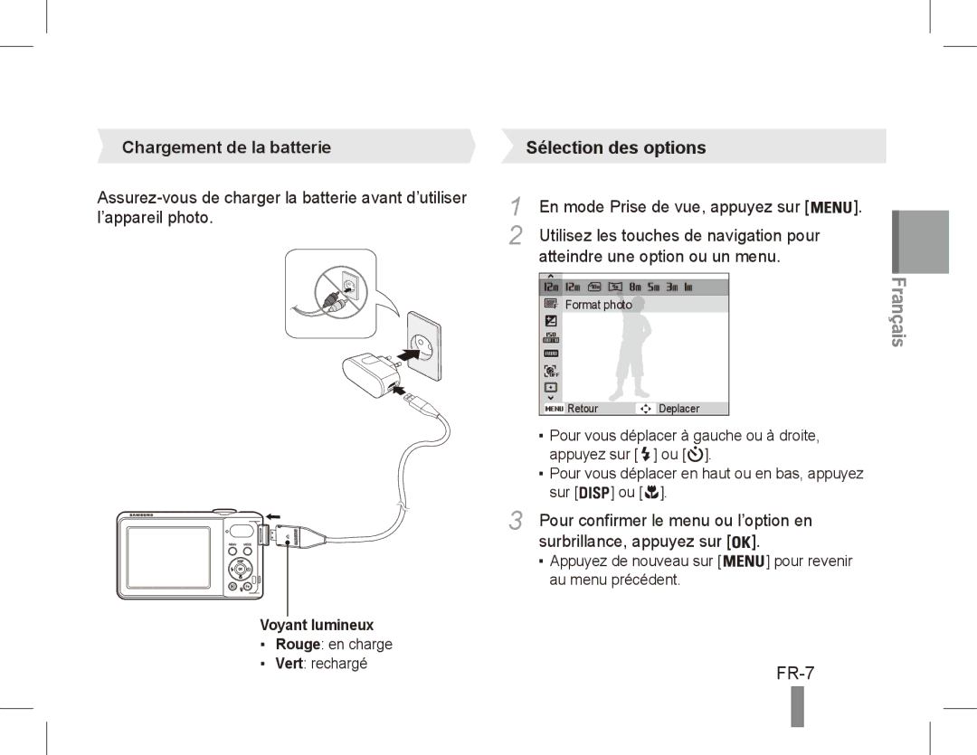 Samsung EC-PL80ZZBPRVN, EC-PL81ZZBPRE1 manual FR-7, Chargement de la batterie, Surbrillance, appuyez sur, Voyant lumineux 