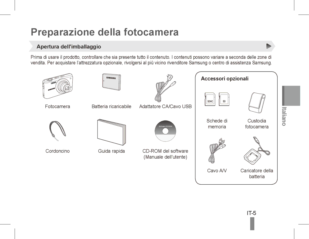 Samsung EC-PL80ZZBPLE2, EC-PL81ZZBPRE1 Preparazione della fotocamera, IT-5, Apertura dellimballaggio, Accessori opzionali 