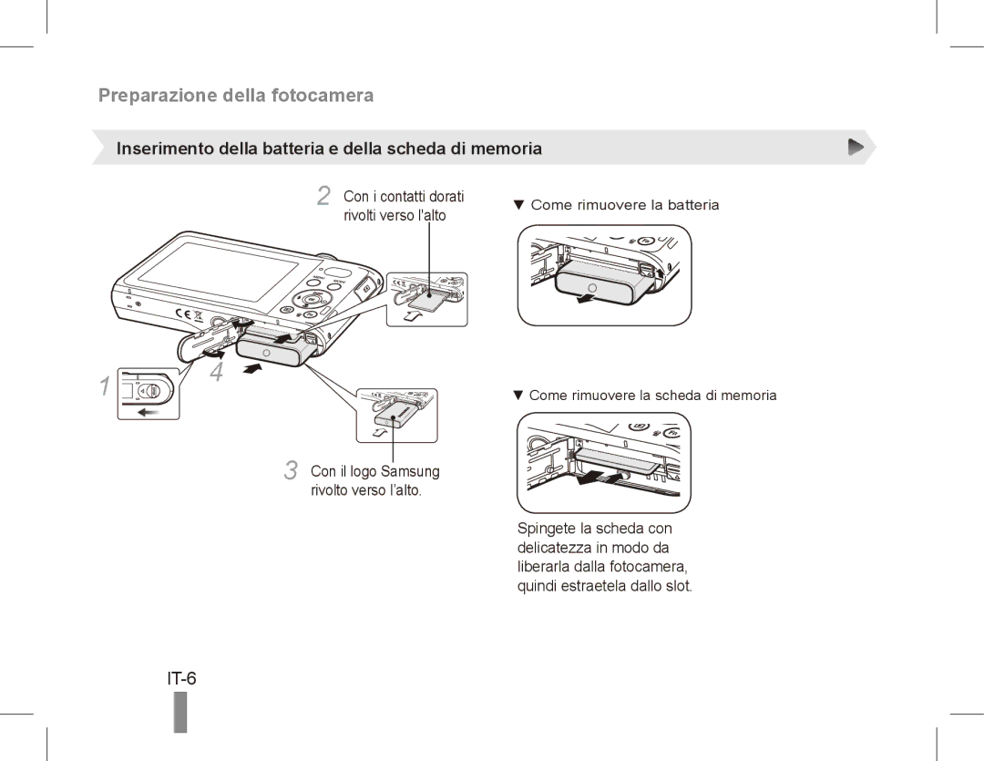 Samsung EC-PL80ZZBPSRU manual Preparazione della fotocamera, IT-6, Inserimento della batteria e della scheda di memoria 