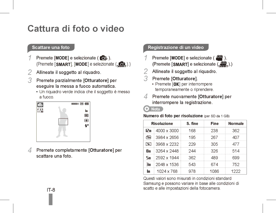 Samsung EC-PL80ZZBPLRU, EC-PL81ZZBPRE1, EC-PL81ZZBPBE1 manual Cattura di foto o video, IT-8, Registrazione di un video 