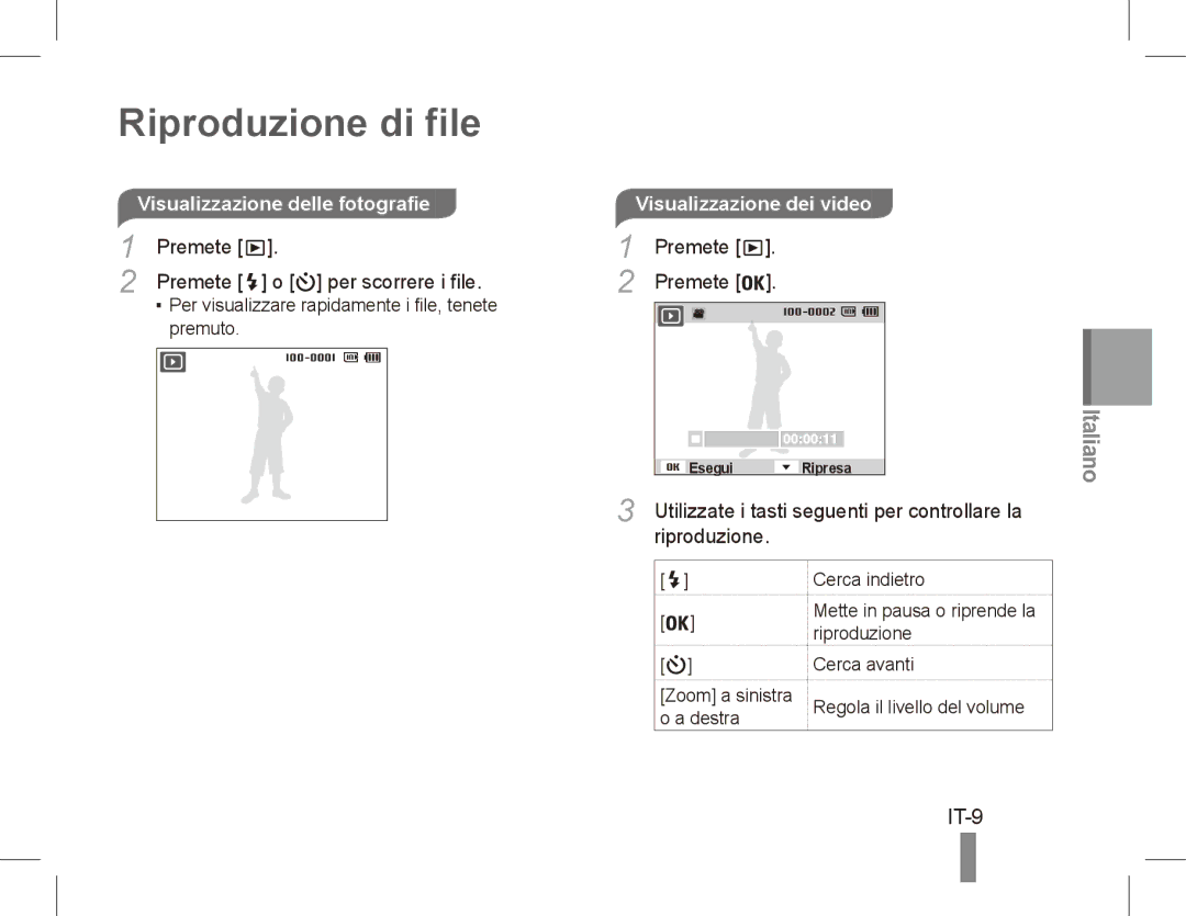 Samsung EC-PL80ZZBPRRU manual Riproduzione di file, IT-9, Visualizzazione delle fotografie, Premete Per scorrere i file 