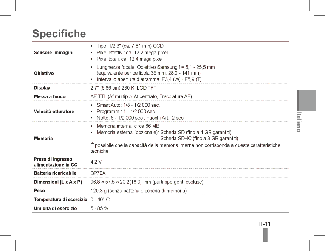 Samsung EC-PL81ZZBPBE1, EC-PL81ZZBPRE1, EC-PL81ZZBPSE1, EC-PL81ZZBPLE1, EC-PL80ZZBPBE1, EC-PL80ZZBPBGS manual Specifiche, IT-11 