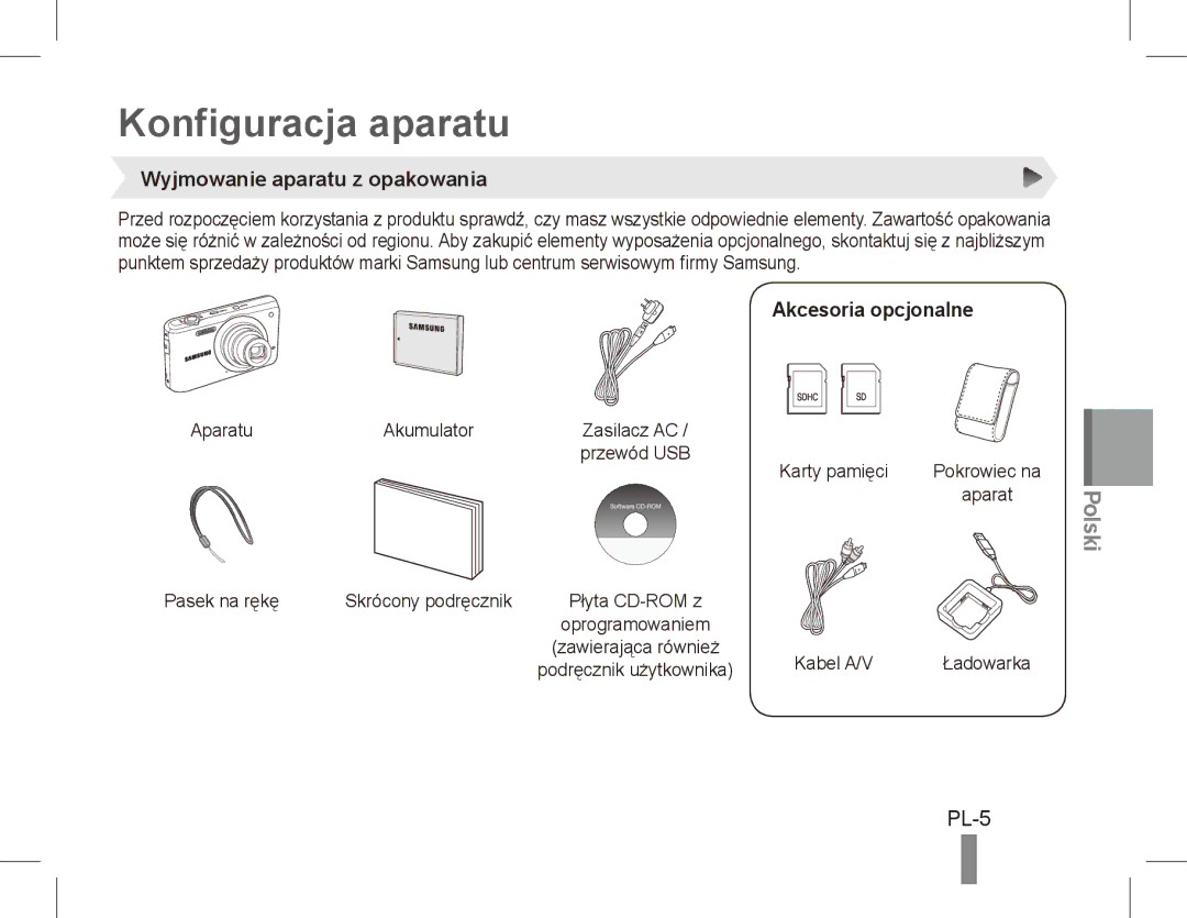 Samsung EC-PL80ZZBPBGS manual Konfiguracja aparatu, Polski, PL-5, Wyjmowanie aparatu z opakowania, Akcesoria opcjonalne 