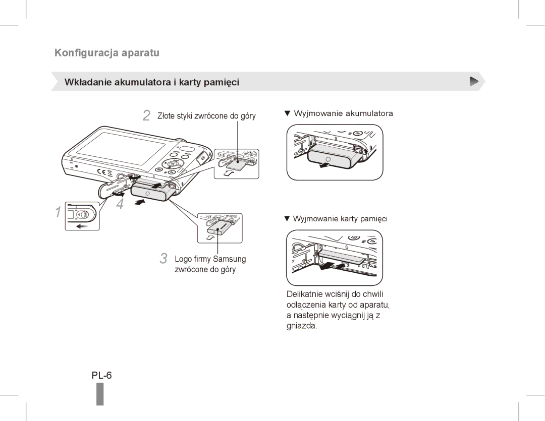 Samsung EC-PL80ZZBPBIT, EC-PL81ZZBPRE1, EC-PL81ZZBPBE1 Konfiguracja aparatu, PL-6, Wkładanie akumulatora i karty pamięci 