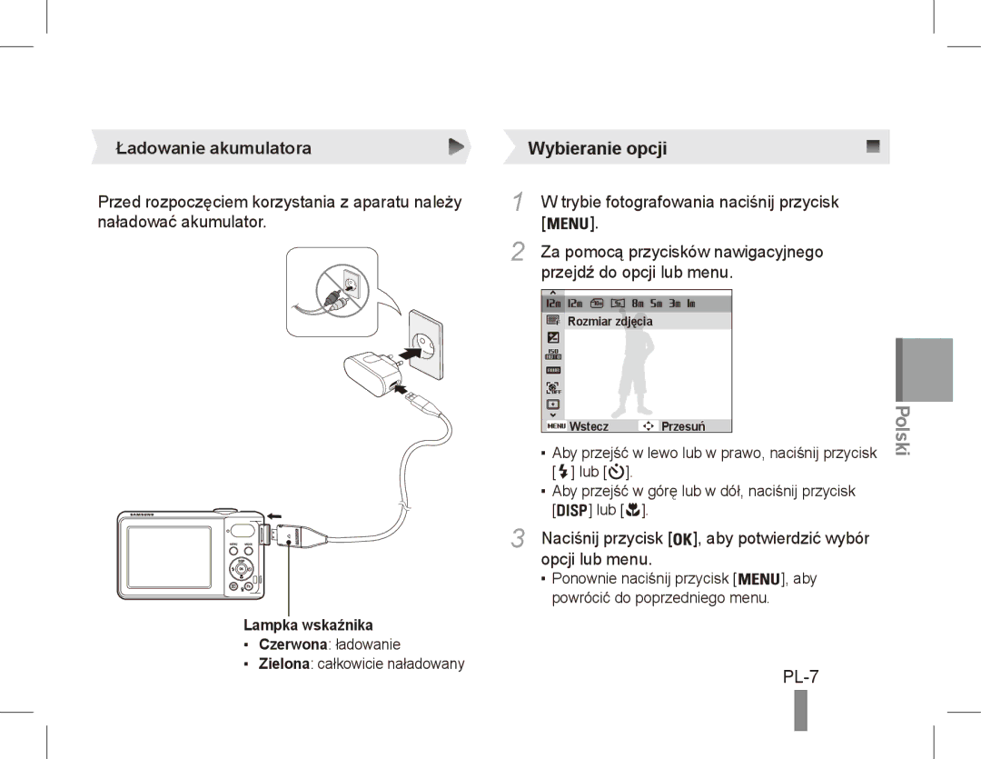 Samsung EC-PL80ZZBPSIT, EC-PL81ZZBPRE1, EC-PL81ZZBPBE1, EC-PL81ZZBPSE1, EC-PL81ZZBPLE1 manual PL-7, Ładowanie akumulatora 