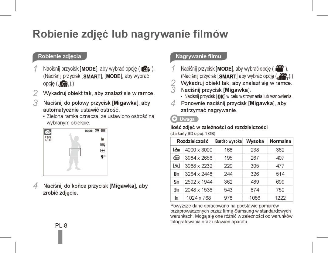 Samsung EC-PL80ZZBPLIT, EC-PL81ZZBPRE1, EC-PL81ZZBPBE1, EC-PL81ZZBPSE1 manual Robienie zdjęć lub nagrywanie filmów, PL-8 