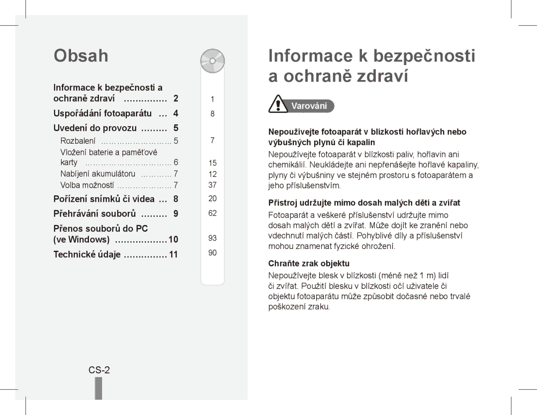 Samsung EC-PL80ZZBPSIL, EC-PL81ZZBPRE1, EC-PL81ZZBPBE1 manual Obsah, Informace k bezpečnosti a ochraně zdraví, CS-2, Varování 