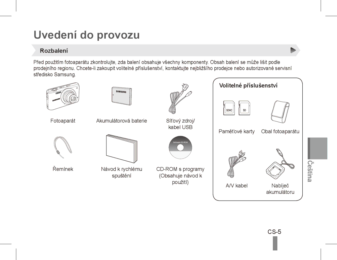 Samsung EC-PL80ZZBPSSA, EC-PL81ZZBPRE1, EC-PL81ZZBPBE1 manual Uvedení do provozu, CS-5, Rozbalení, Volitelné příslušenství 