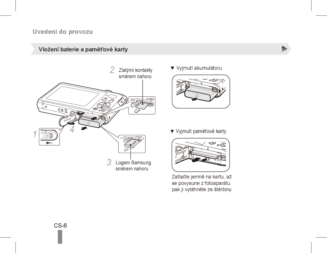 Samsung EC-PL80ZZDPSIR, EC-PL81ZZBPRE1, EC-PL81ZZBPBE1 manual Uvedení do provozu, CS-6, Vložení baterie a paměťové karty 