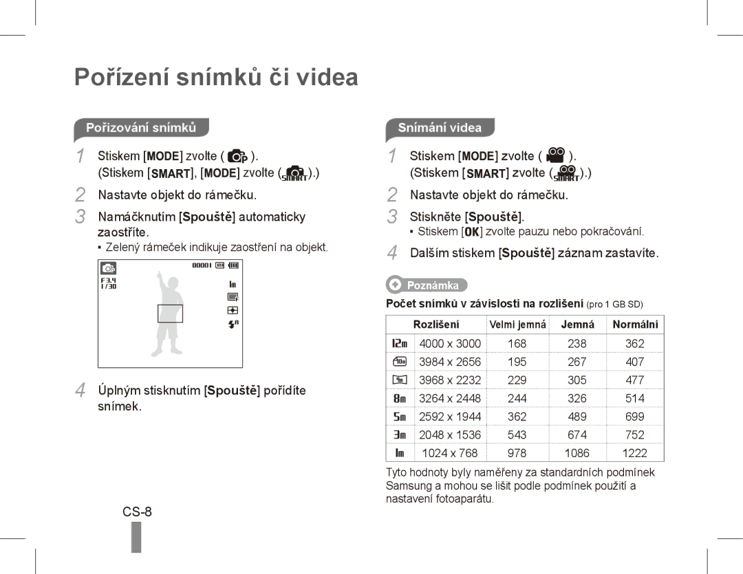 Samsung EC-PL80ZZBPLSA, EC-PL81ZZBPRE1, EC-PL81ZZBPBE1, EC-PL81ZZBPSE1 manual Pořízení snímků či videa, CS-8, Snímání videa 