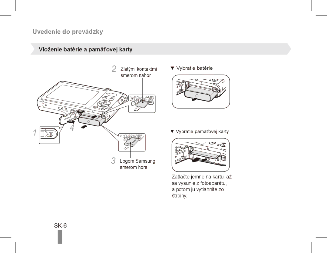 Samsung EC-PL80ZZBPBVN, EC-PL81ZZBPRE1, EC-PL81ZZBPBE1 manual Uvedenie do prevádzky, SK-6, Vloženie batérie a pamäťovej karty 