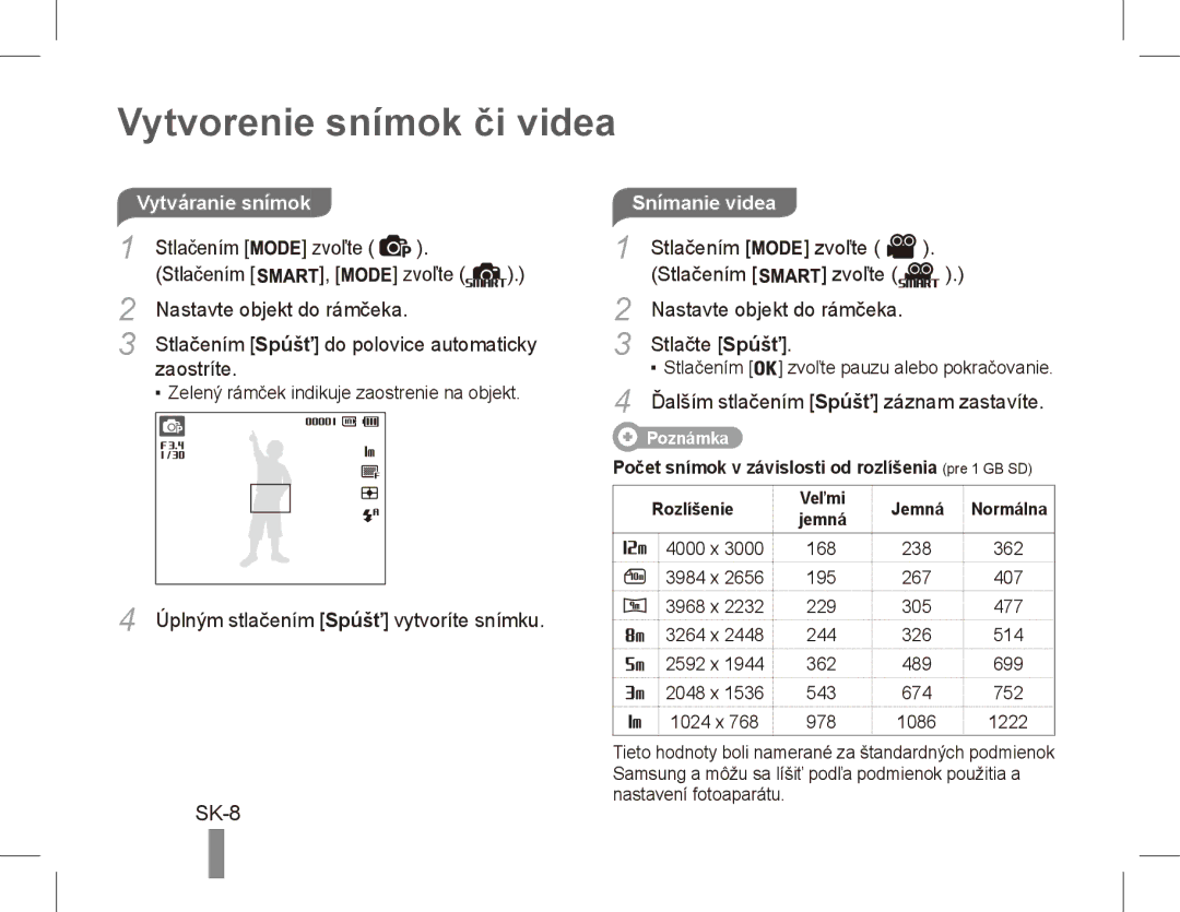 Samsung EC-PL80ZZBPLVN, EC-PL81ZZBPRE1, EC-PL81ZZBPBE1, EC-PL81ZZBPSE1 manual Vytvorenie snímok či videa, SK-8, Snímanie videa 