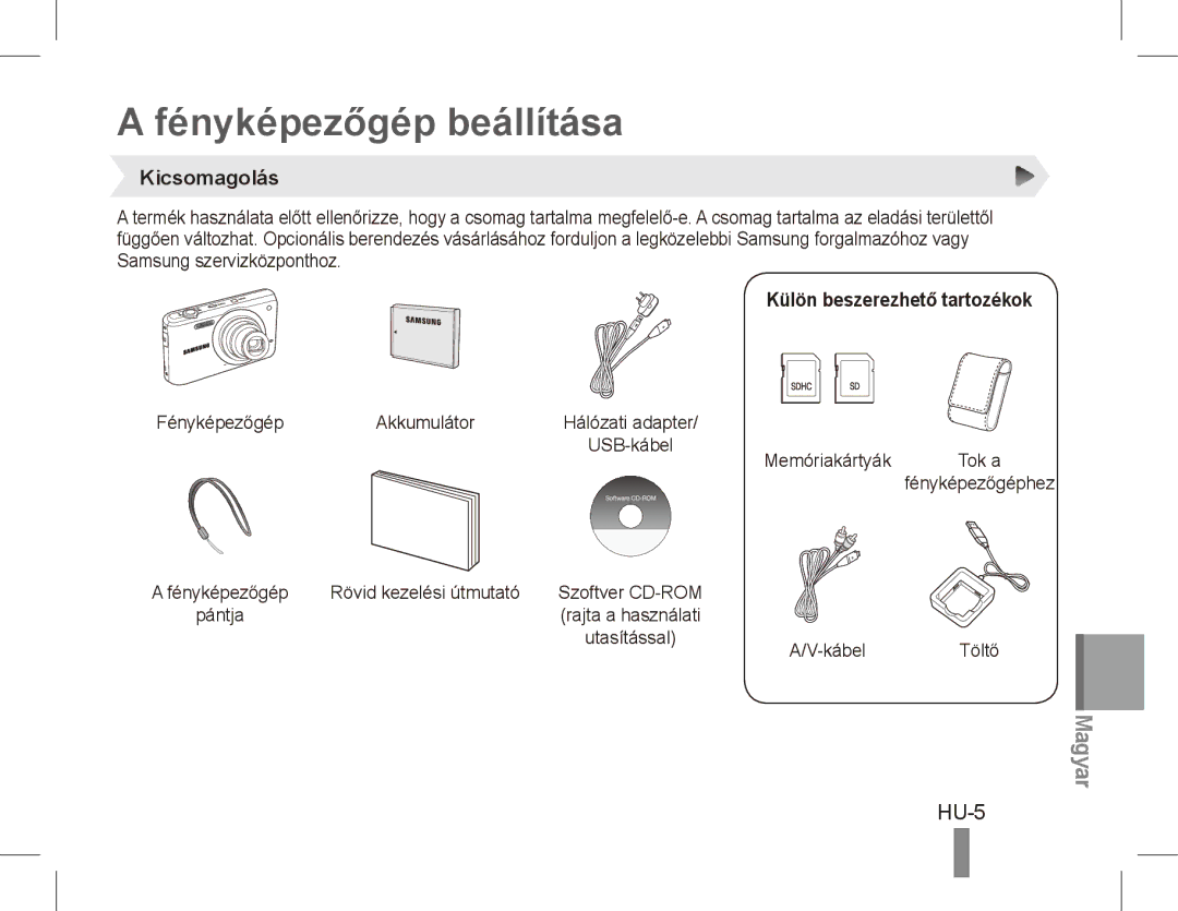 Samsung EC-PL80ZZBPLE2, EC-PL81ZZBPRE1 manual Fényképezőgép beállítása, HU-5, Kicsomagolás, Külön beszerezhető tartozékok 