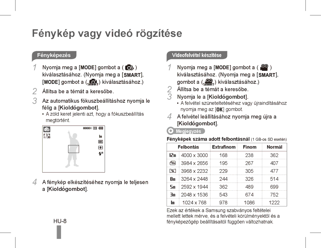 Samsung EC-PL80ZZBPLRU, EC-PL81ZZBPRE1 Fénykép vagy videó rögzítése, HU-8, Félig a Kioldógombot, Videofelvétel készítése 