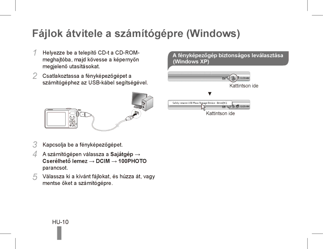 Samsung EC-PL81ZZBPRE1 Fájlok átvitele a számítógépre Windows, HU-10, Fényképezőgép biztonságos leválasztása Windows XP 