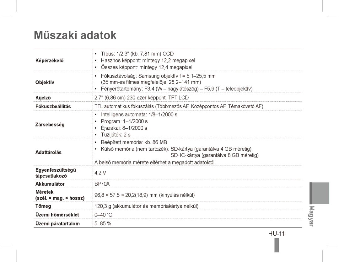 Samsung EC-PL81ZZBPBE1, EC-PL81ZZBPRE1, EC-PL81ZZBPSE1, EC-PL81ZZBPLE1, EC-PL80ZZBPBE1, EC-PL80ZZBPBGS Műszaki adatok, HU-11 