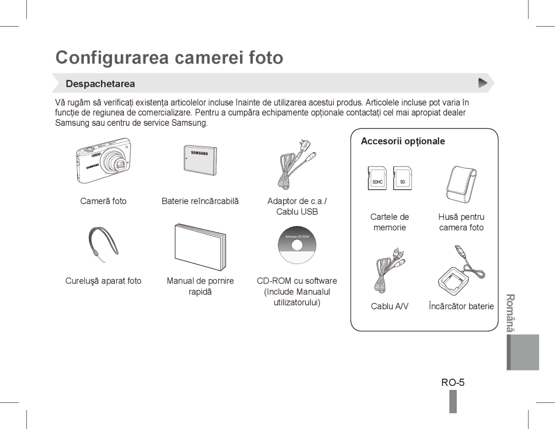 Samsung EC-PL80ZZBPBGS, EC-PL81ZZBPRE1, EC-PL81ZZBPBE1 Configurarea camerei foto, RO-5, Despachetarea, Accesorii opţionale 