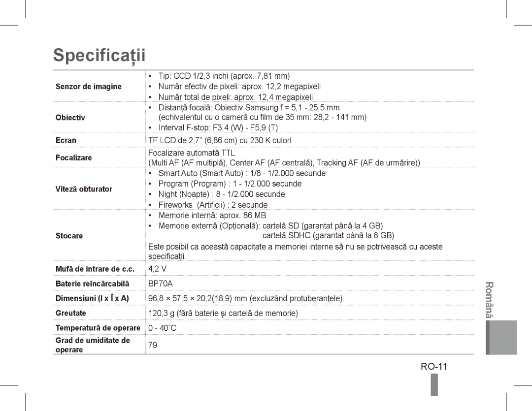 Samsung EC-PL80ZZBPRIL, EC-PL81ZZBPRE1, EC-PL81ZZBPBE1, EC-PL81ZZBPSE1 Specificaţii, RO-11, Grad de umiditate de operare 