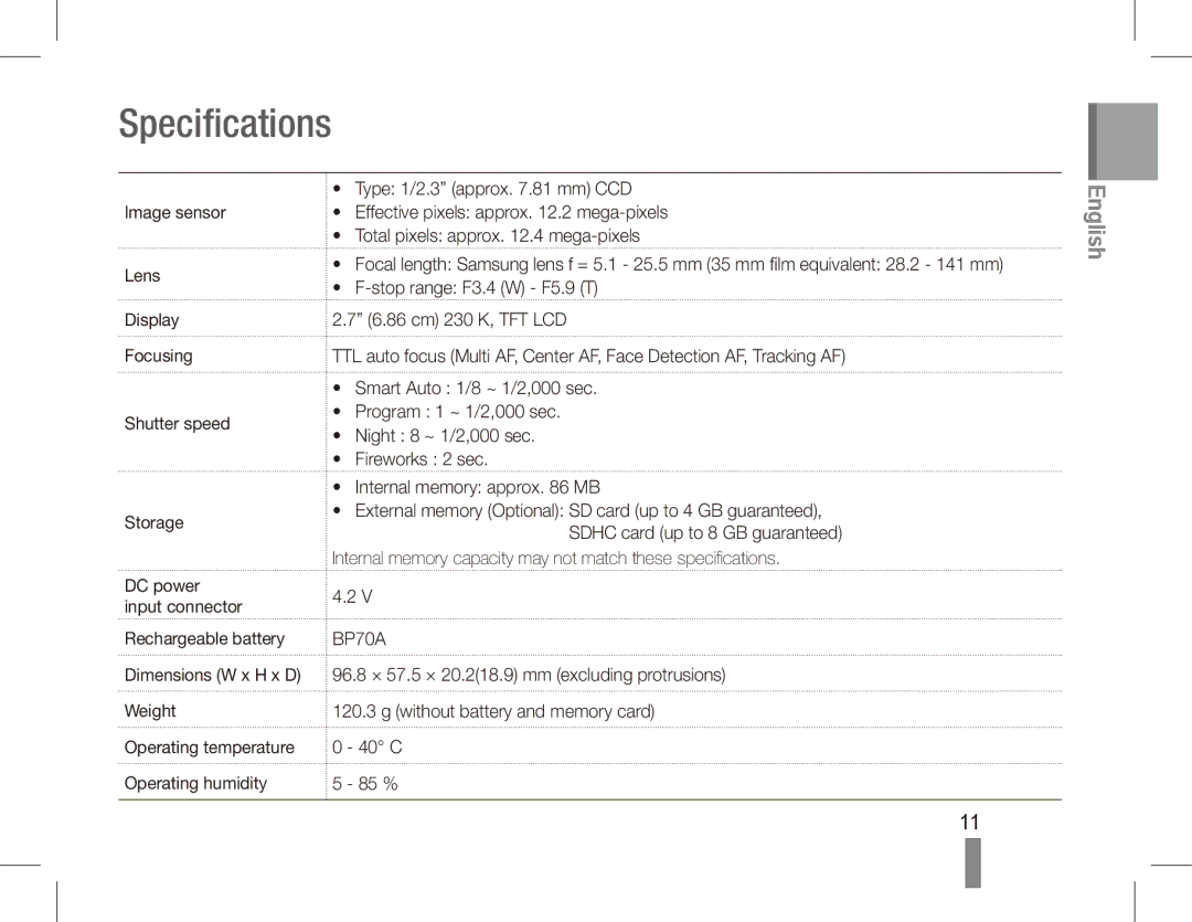 Samsung EC-PL80ZZBPRIL, EC-PL81ZZBPRE1, EC-PL81ZZBPBE1, EC-PL81ZZBPSE1, EC-PL81ZZBPLE1, EC-PL80ZZBPBE1 manual Specifications 