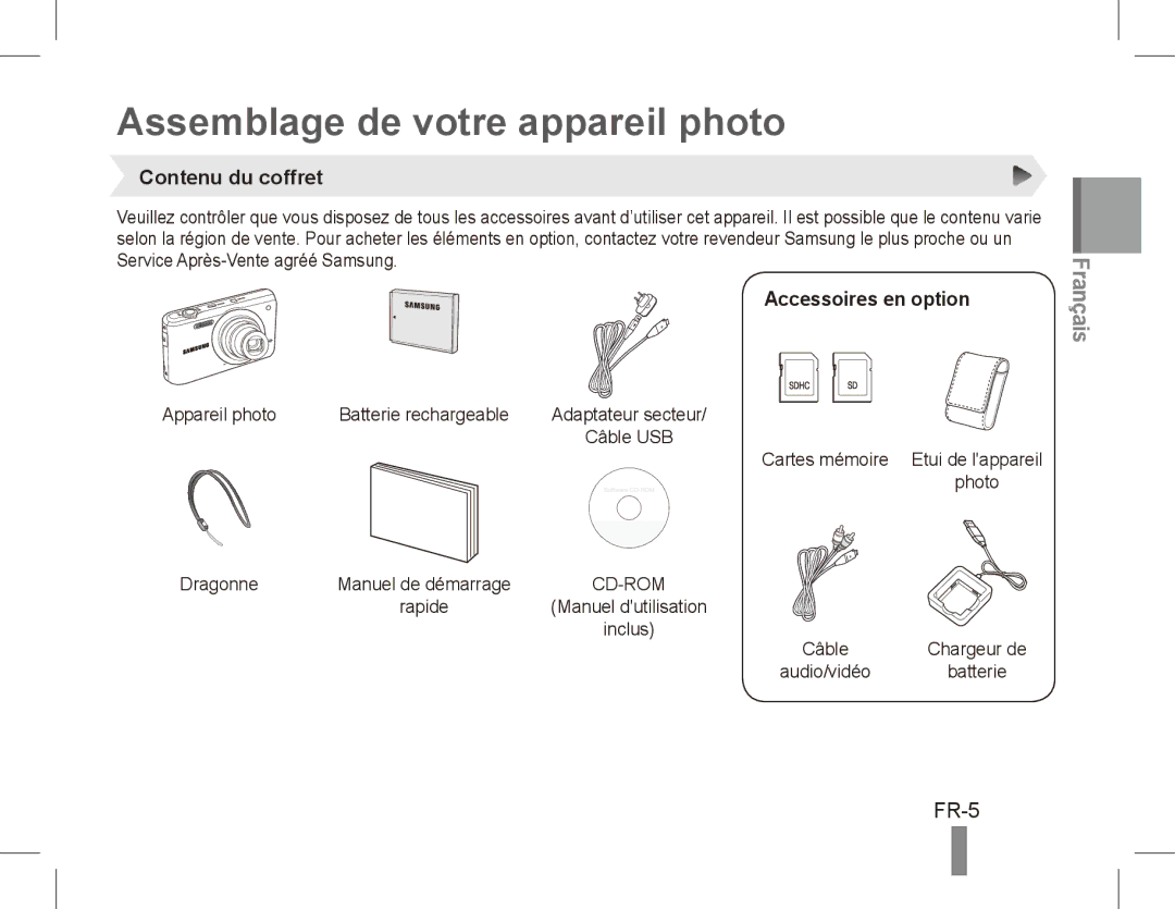 Samsung EC-PL80ZZBPSSA, EC-PL81ZZBPRE1 Assemblage de votre appareil photo, FR-5, Contenu du coffret, Accessoires en option 