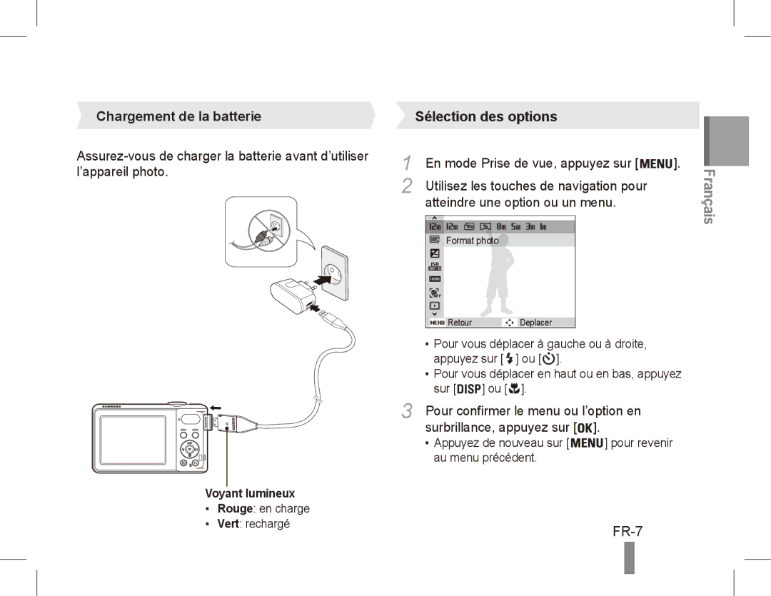 Samsung EC-PL80ZZBPLIL FR-7, Chargement de la batterie, En mode Prise de vue, appuyez sur, Atteindre une option ou un menu 