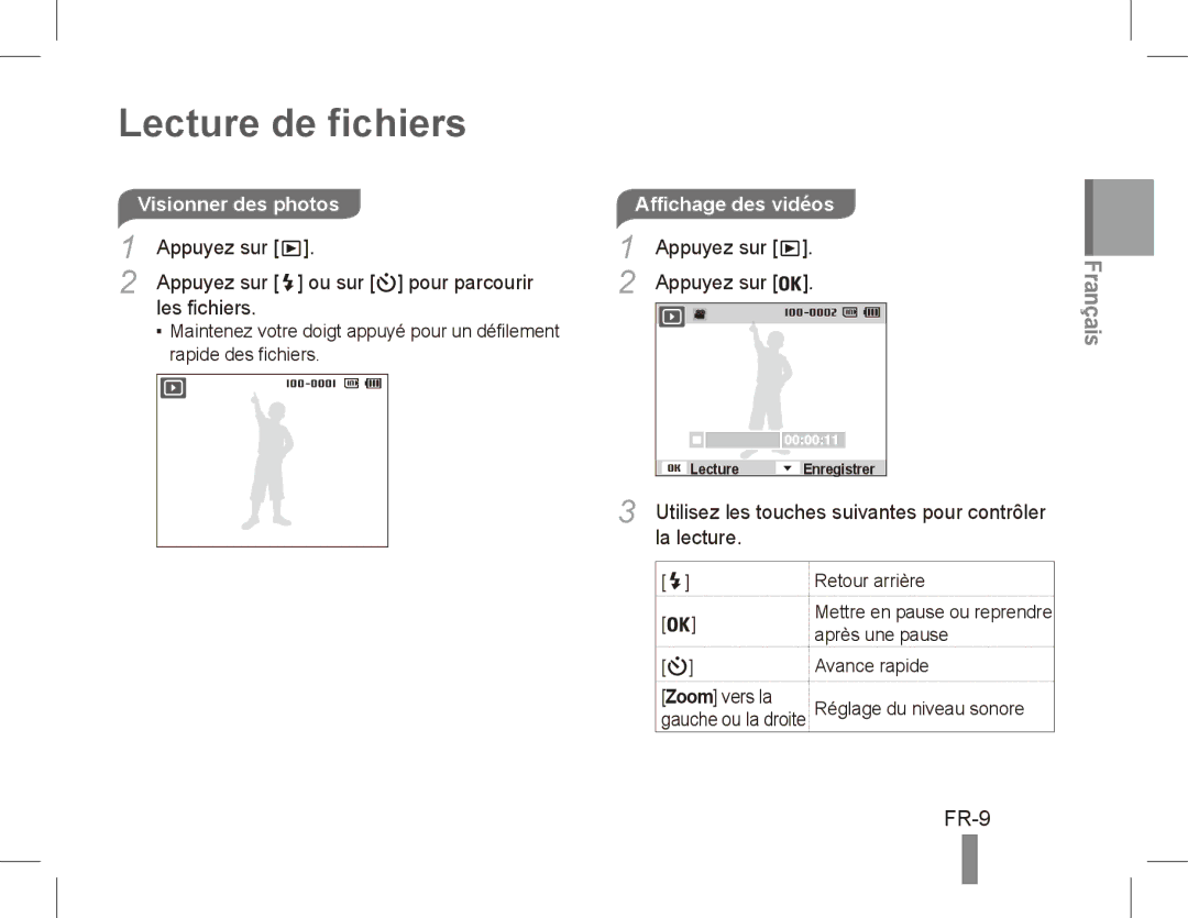 Samsung EC-PL80ZZDPBIR manual Lecture de fichiers, FR-9, Appuyez sur Ou sur pour parcourir Les fichiers, La lecture 