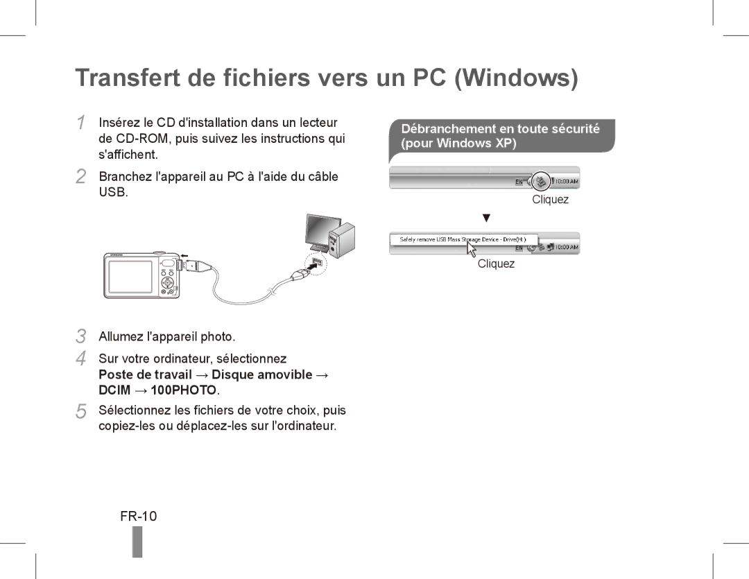 Samsung EC-PL80ZZBPRSA manual Transfert de fichiers vers un PC Windows, FR-10, Saffichent, Allumez lappareil photo 