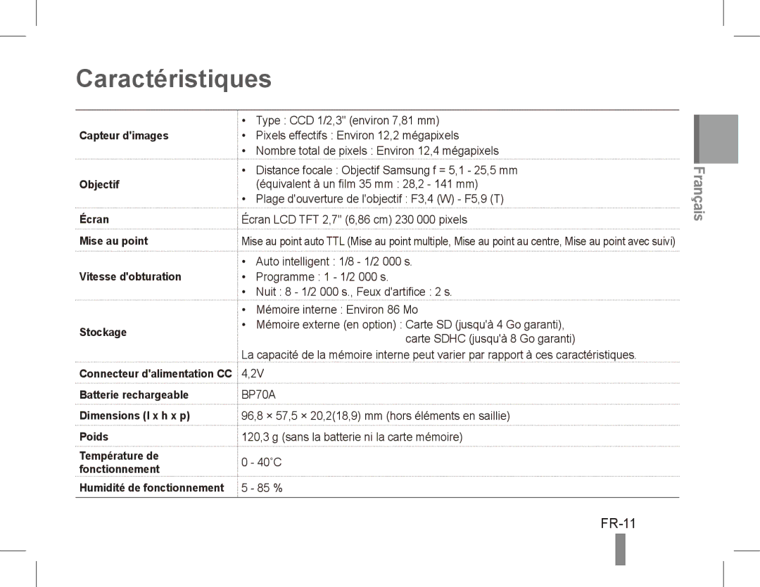 Samsung EC-PL80ZZDPBME, EC-PL81ZZBPRE1, EC-PL81ZZBPBE1, EC-PL81ZZBPSE1, EC-PL81ZZBPLE1, EC-PL80ZZBPBE1 Caractéristiques, FR-11 