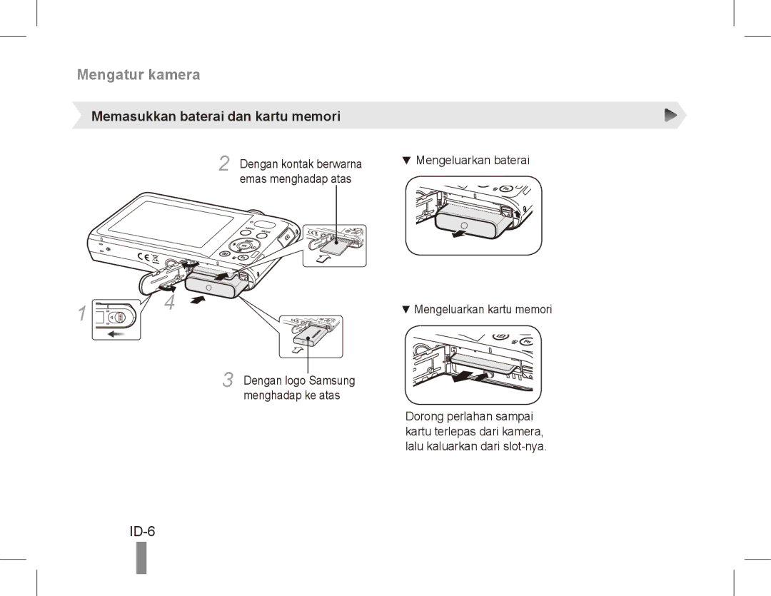 Samsung EC-PL80ZZBPSRU, EC-PL81ZZBPRE1, EC-PL81ZZBPBE1, EC-PL81ZZBPSE1 manual ID-6, Memasukkan baterai dan kartu memori 