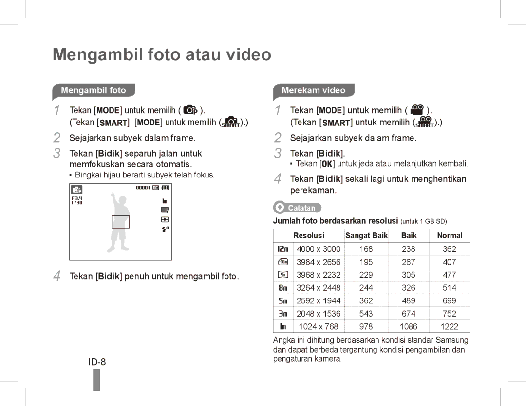 Samsung EC-PL80ZZBPLRU, EC-PL81ZZBPRE1, EC-PL81ZZBPBE1, EC-PL81ZZBPSE1 manual Mengambil foto atau video, ID-8, Merekam video 