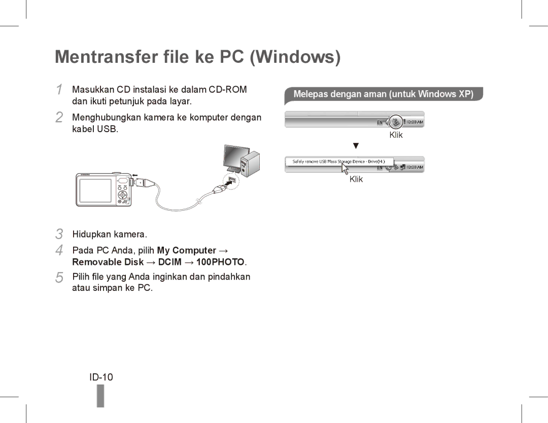 Samsung EC-PL81ZZBPRE1, EC-PL81ZZBPBE1 manual Mentransfer file ke PC Windows, ID-10, Melepas dengan aman untuk Windows XP 