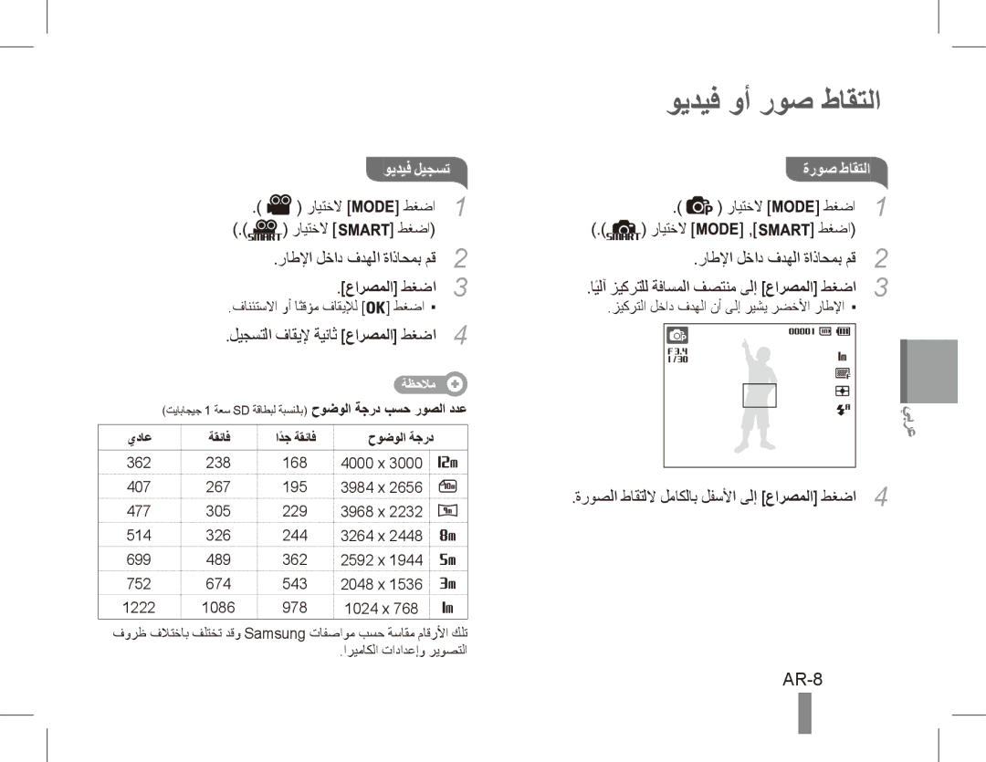 Samsung EC-PL80ZZBPRIT, EC-PL81ZZBPRE1, EC-PL81ZZBPBE1, EC-PL81ZZBPSE1, EC-PL81ZZBPLE1 manual ويديف وأ روص طاقتلا, AR-8 