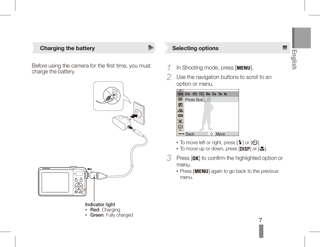 Samsung EC-PL80ZZBPSIT, EC-PL81ZZBPRE1, EC-PL81ZZBPBE1, EC-PL81ZZBPSE1 manual Charging the battery, Selecting options 