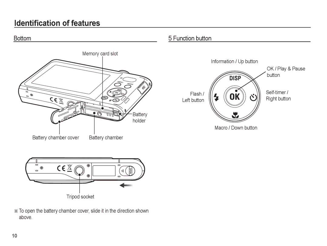 Samsung EC-PL80ZZBPRIL Bottom Function button, Memory card slot, Button, Information / Up button, Battery chamber cover 