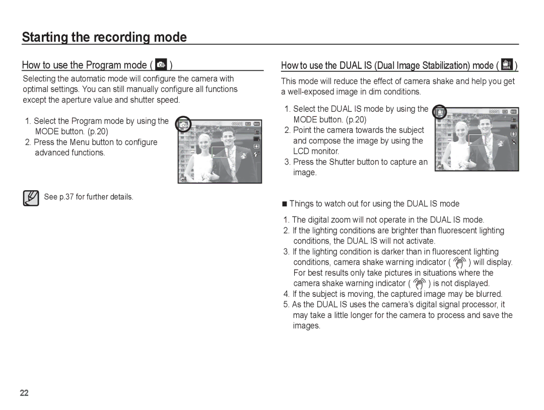 Samsung EC-PL80ZZDPSME, EC-PL81ZZBPRE1, EC-PL81ZZBPBE1 manual How to use the Program mode, See p.37 for further details 