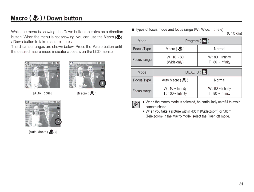 Samsung EC-PL80ZZBPLE3, EC-PL81ZZBPRE1, EC-PL81ZZBPBE1, EC-PL81ZZBPSE1, EC-PL81ZZBPLE1 manual Macro / Down button, Mode 