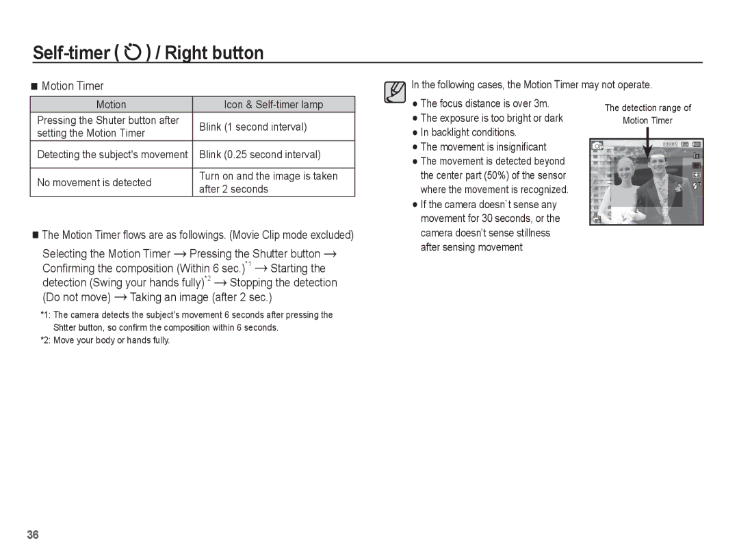 Samsung EC-PL80ZZBPBRU, EC-PL81ZZBPRE1, EC-PL81ZZBPBE1 manual Motion Timer, Starting, Do not move Taking an image after 2 sec 