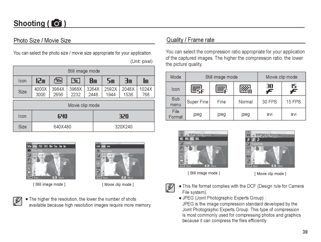 Samsung EC-PL81ZZBPRE1, EC-PL81ZZBPBE1, EC-PL81ZZBPSE1 manual Shooting, Photo Size / Movie Size, Quality / Frame rate 