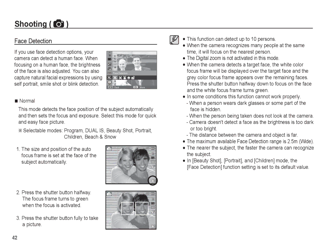 Samsung EC-PL81ZZBPLE1 manual Face Detection, Normal, Some conditions this function cannot work properly, Or too bright 