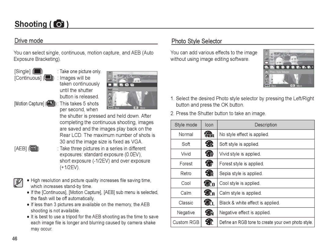 Samsung EC-PL80ZZBPSIT, EC-PL81ZZBPRE1 manual Drive mode, Photo Style Selector, This takes 5 shots Per second, when, Aeb 