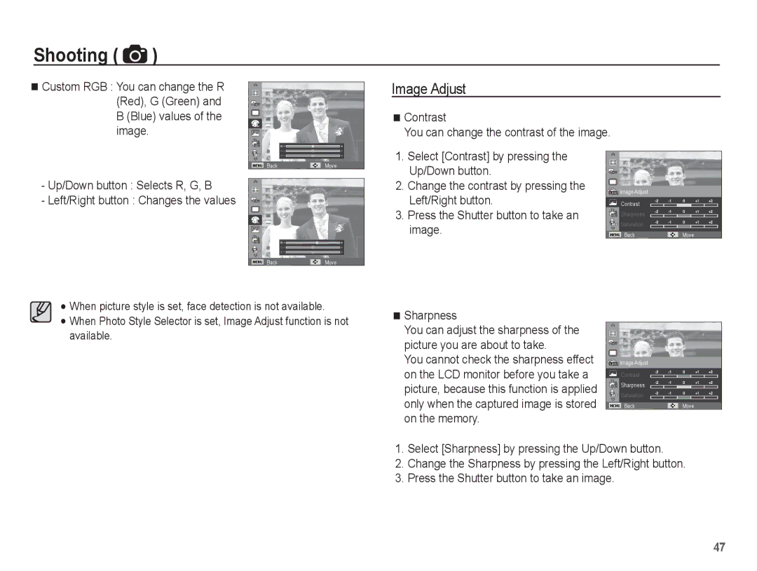 Samsung EC-PL80ZZBPLIT, EC-PL81ZZBPRE1 manual Image Adjust, Contrast You can change the contrast of the image, Sharpness 