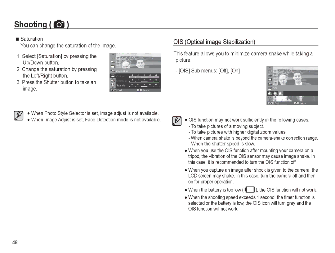 Samsung EC-PL80ZZBPRIT manual OIS Optical image Stabilization, Saturation You can change the saturation of the image 