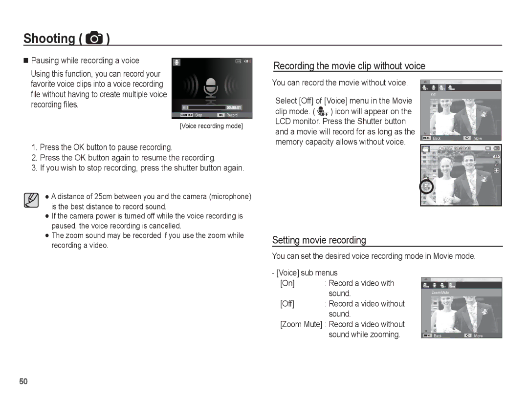 Samsung EC-PL80ZZBPRIL, EC-PL81ZZBPRE1 manual Recording the movie clip without voice, Setting movie recording, Sound, Off 