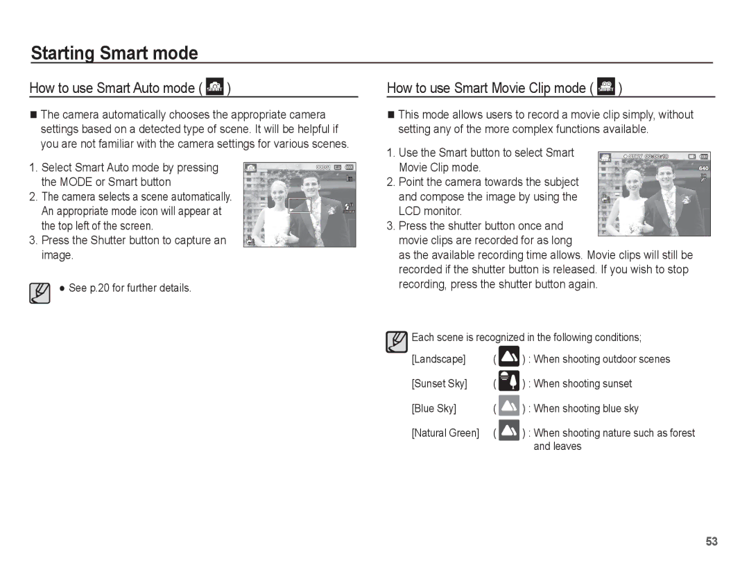 Samsung EC-PL80ZZBPBIL, EC-PL81ZZBPRE1, EC-PL81ZZBPBE1 manual How to use Smart Movie Clip mode, See p.20 for further details 