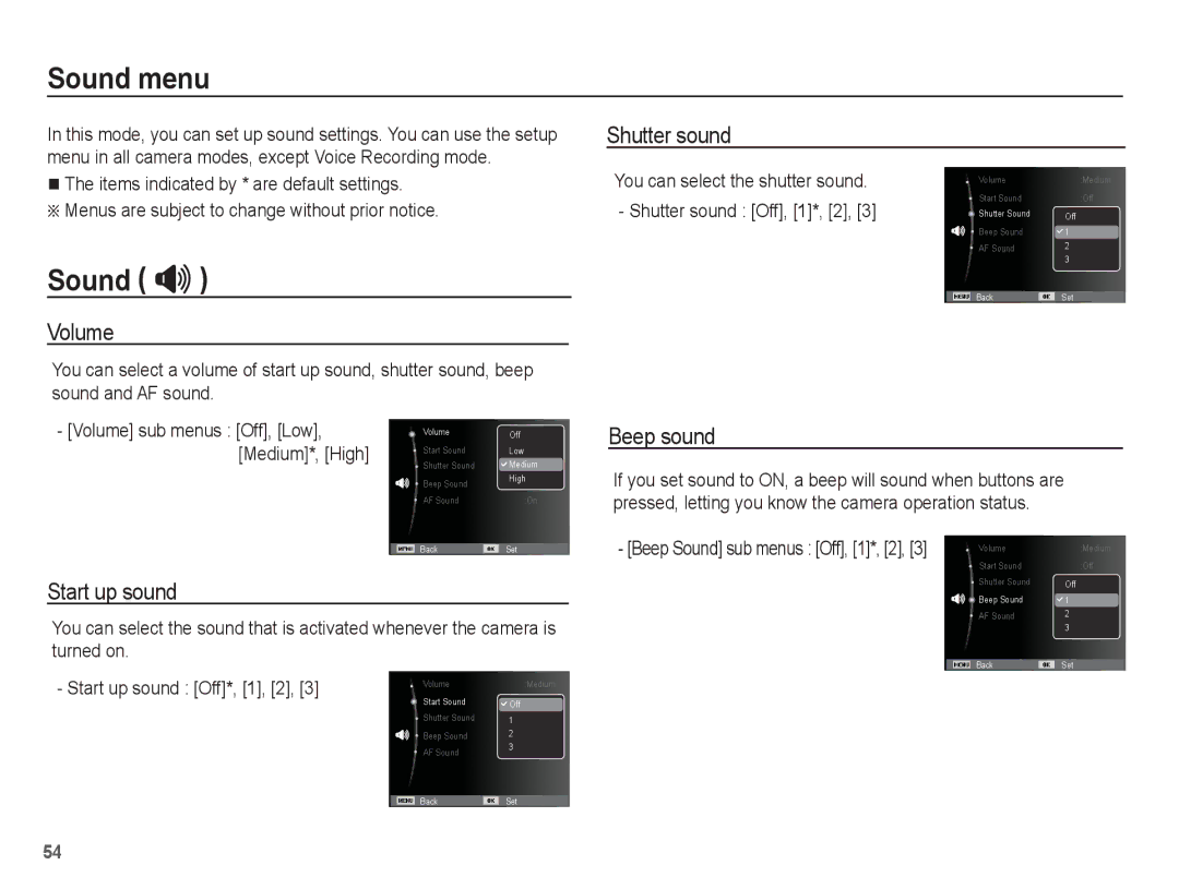 Samsung EC-PL80ZZBPSSA, EC-PL81ZZBPRE1, EC-PL81ZZBPBE1, EC-PL81ZZBPSE1, EC-PL81ZZBPLE1, EC-PL80ZZBPBE1 Sound menu, Sound  