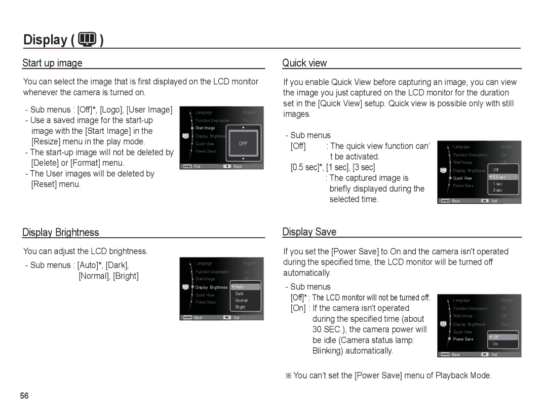 Samsung EC-PL80ZZBPLIL, EC-PL81ZZBPRE1, EC-PL81ZZBPBE1 manual Start up image, Quick view, Display Brightness, Display Save 