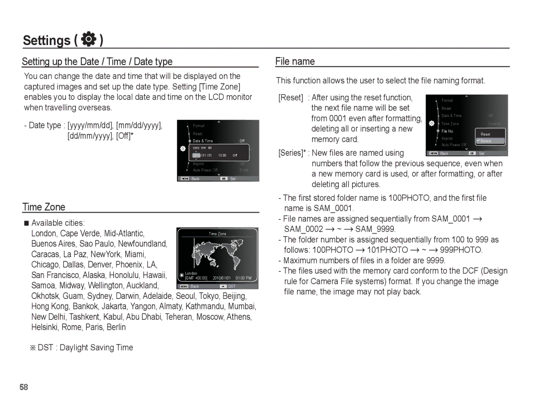 Samsung EC-PL80ZZDPBIR, EC-PL81ZZBPRE1, EC-PL81ZZBPBE1 manual Setting up the Date / Time / Date type, File name, Time Zone 