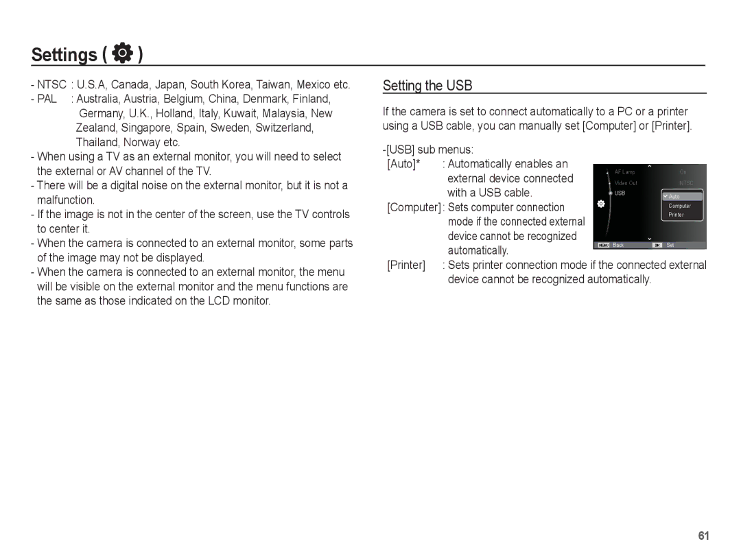 Samsung EC-PL80ZZBPBSA, EC-PL81ZZBPRE1, EC-PL81ZZBPBE1, EC-PL81ZZBPSE1, EC-PL81ZZBPLE1, EC-PL80ZZBPBE1 manual Setting the USB 